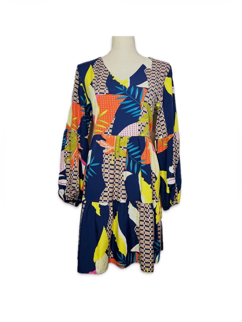 Vibrant Navy Tropical Floral Print Tiered Midi Dress M Long Sleeve Boho Chic